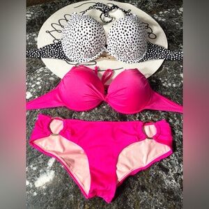 Lot of two VS bikini bombshell poke dot and push-up hot pink 34D and M bottoms